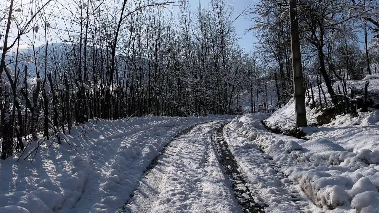 snow rural village in iran countryside mountain forest wonderful scenic agriculture viewpoint of frozen frost ice cold landscape in nature park path trees valley vegetation way whiteness winter farm