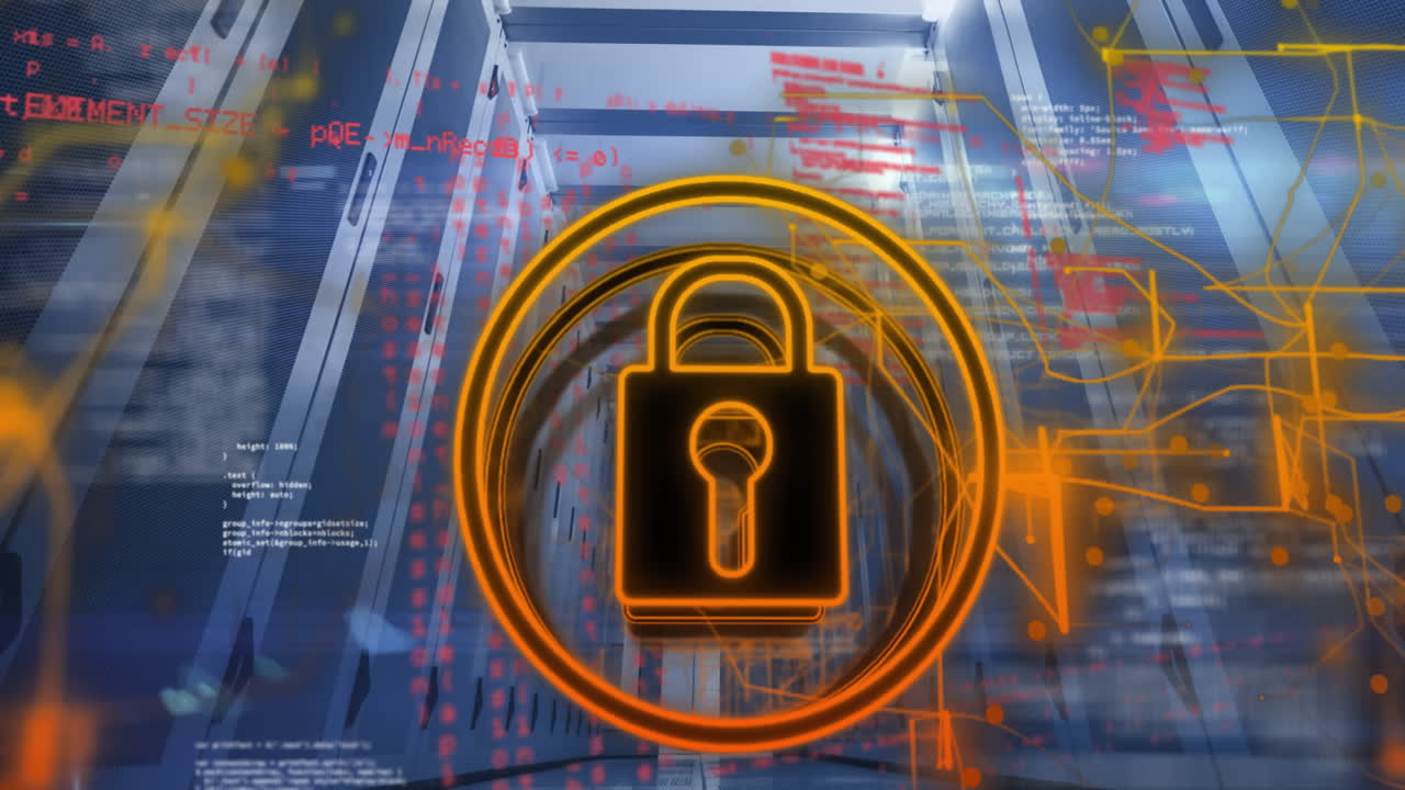 animación del icono del candado y procesamiento de datos a través de servidores informáticos.