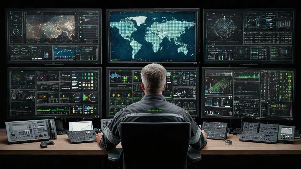 A Focused Analyst Monitors Complex Data Trends and Global Insights in a High-Tech Control Room, Surrounded by Multiple Screens Displaying Critical Information