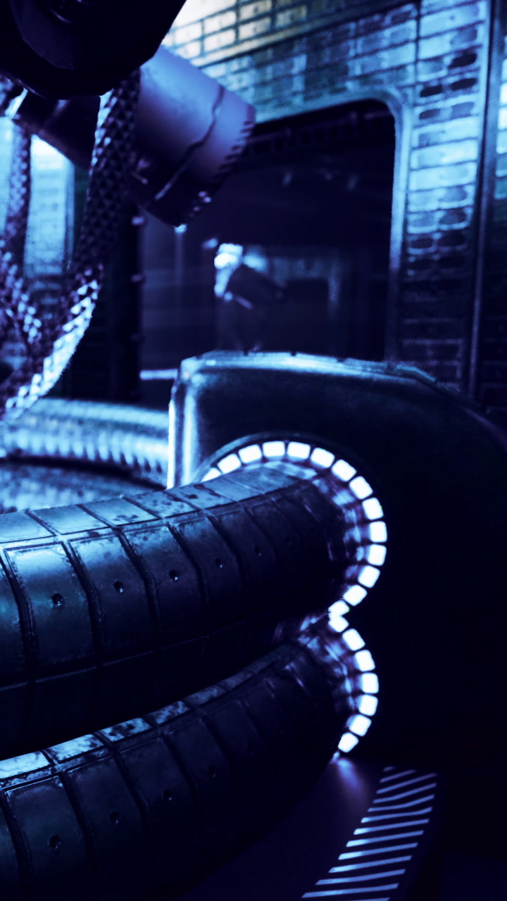 Intricate machinery showcases futuristic technology in blue lighting
