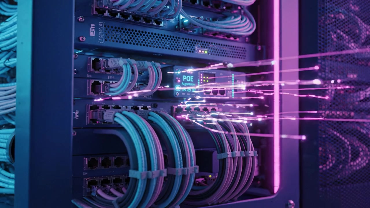 High-Tech Network Equipment with Colorful Cables and Lights Showcasing Advanced Data Management and Connectivity in a Modern Server Environment