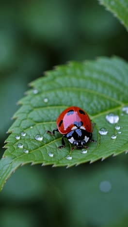 close-up video shot of a ladybug on a dewy leaf, capturing nature's detail from a low angle