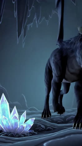 dark fantasy creature in a cave with crystals