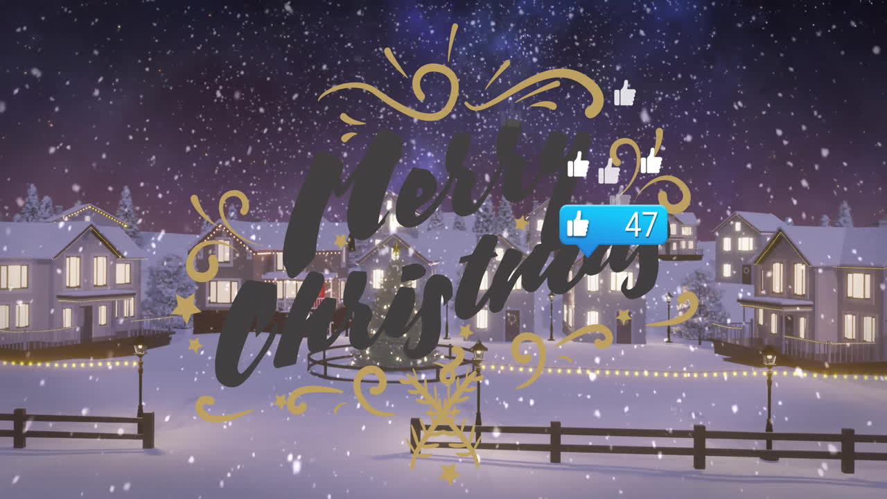 Snowy village scene with Merry Christmas text and social media likes animation
