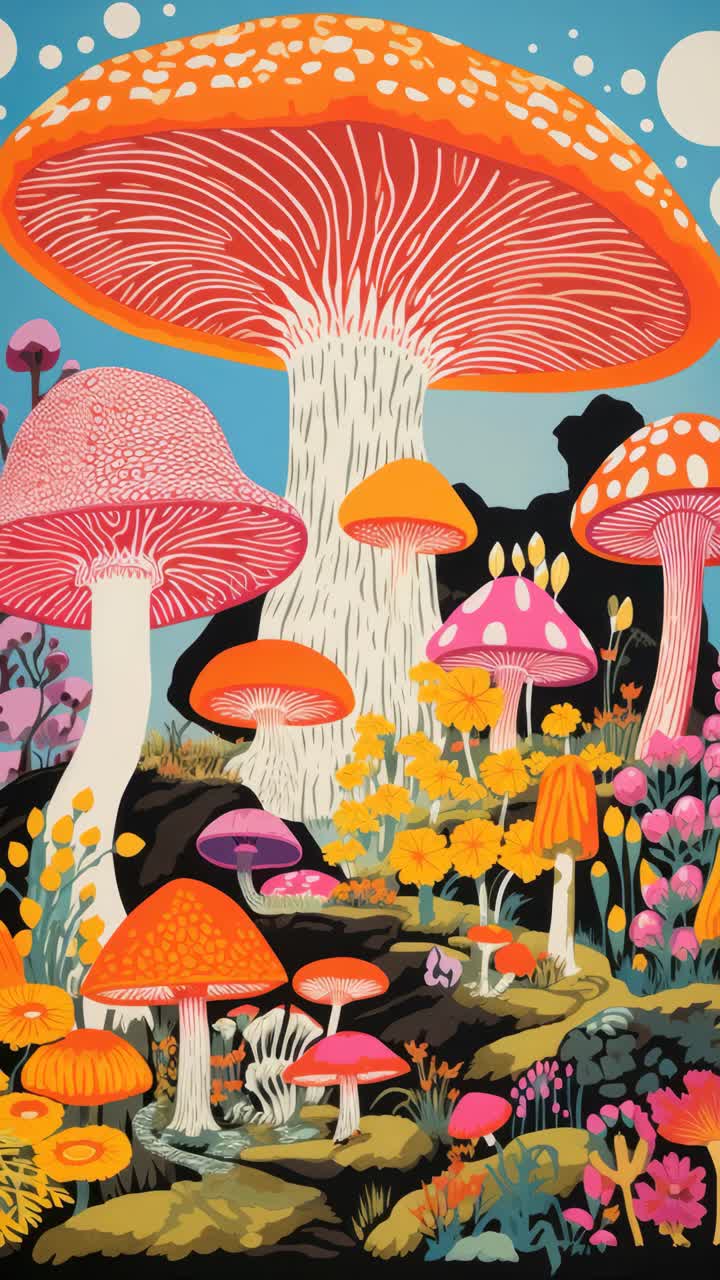 Vibrant, surreal video concept of oversized mushrooms in a colorful forest