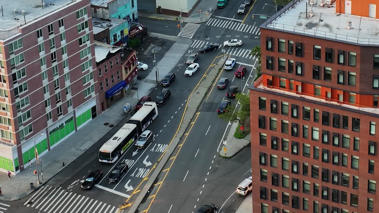 Drone view of traffic on city streets in New York, USA