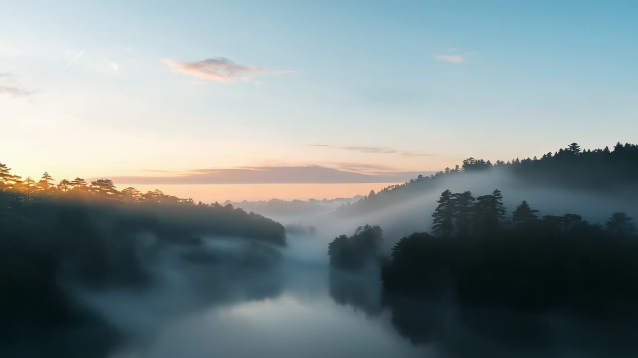 Sunrise causing calm misty lake drifting through valley, with golden light touching evergreen trees
