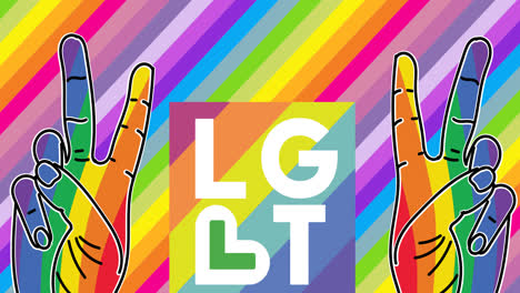 digital animation of lgbt text and two rainbow colored hand peace signs against rainbow background