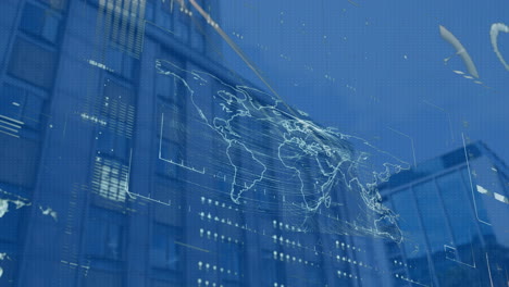 animation of financial data processing with world map over cityscape