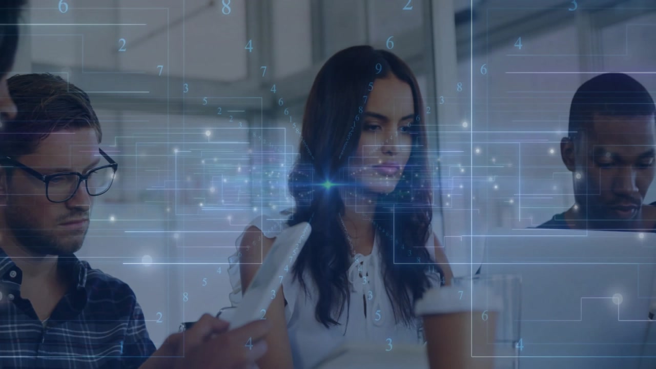 Team swiping tablets and scrolling phones as data overlay fading in powering tech collaboration