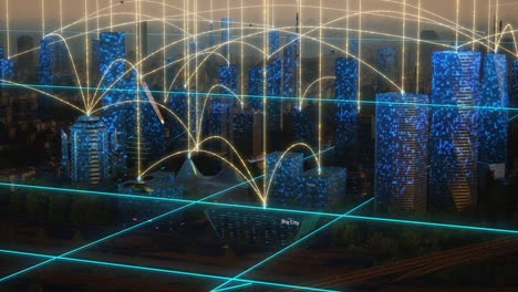 futuristic city concept. wide shot of animated modern urban megapolis at sunset with rendered skyscrapers showing global big data connections, information flow and artificial intelligence technology.