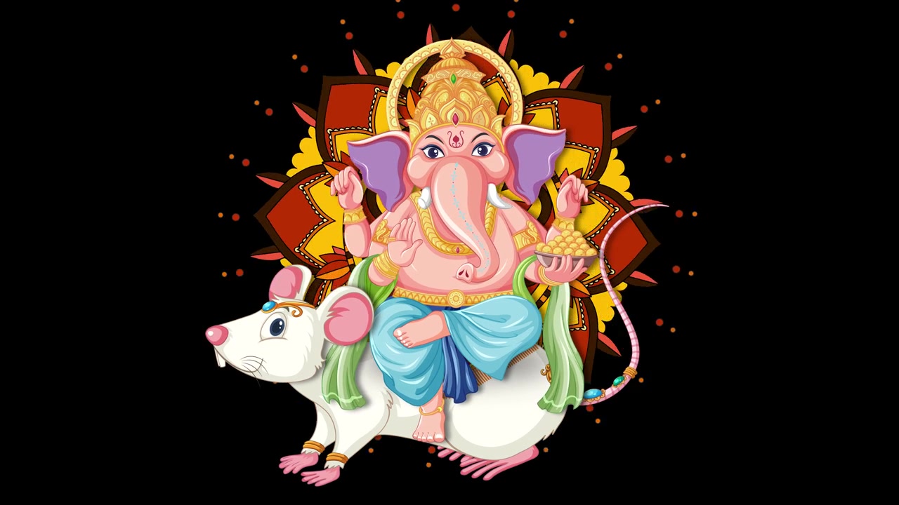 Senhor Ganesha Sentado em Sua Montaria de Rato com Fundo Decorativo