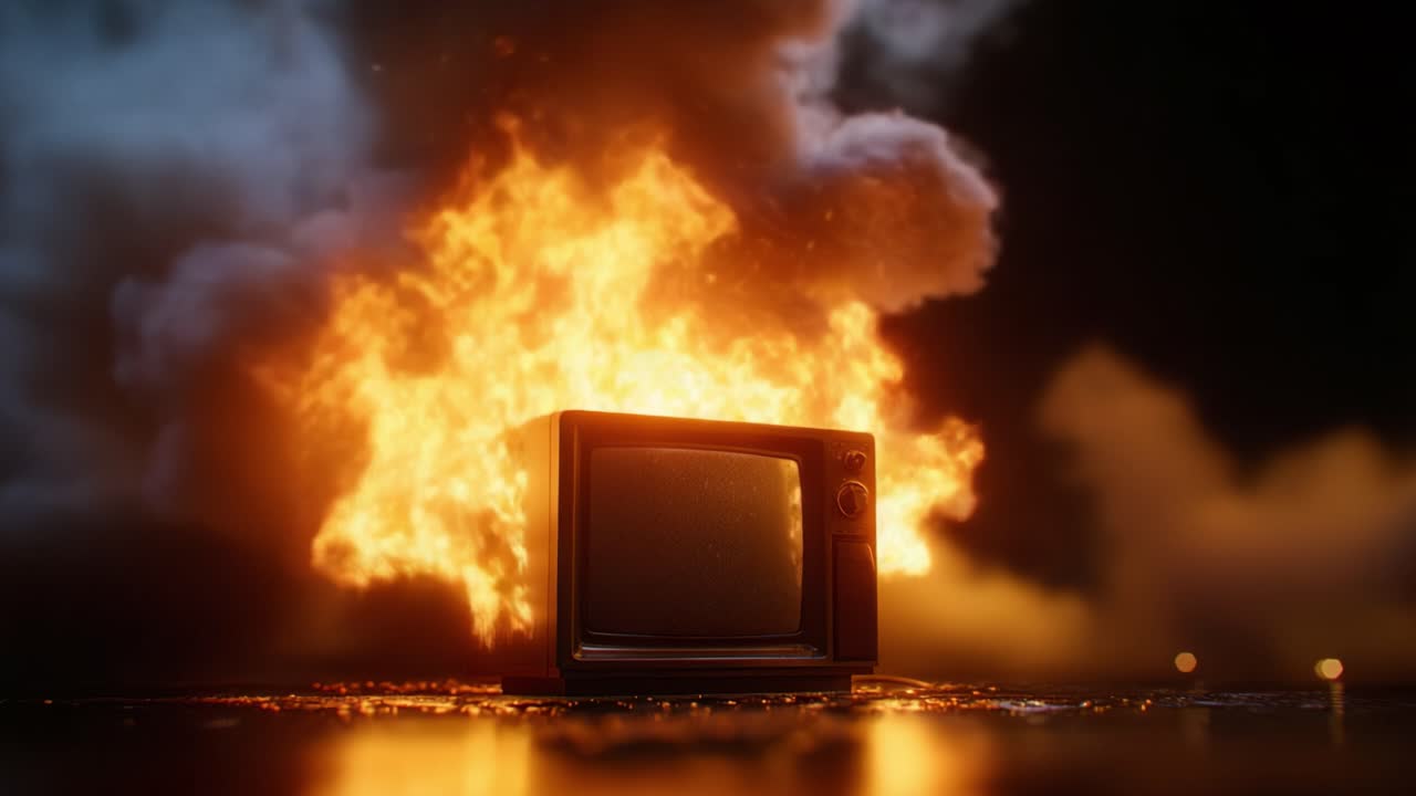 Et brændende vintage fjernsyn omgivet af flammer og røg, der illustrerer en dramatisk og kaotisk visuel scene med levende farver og intense ildeffekter.