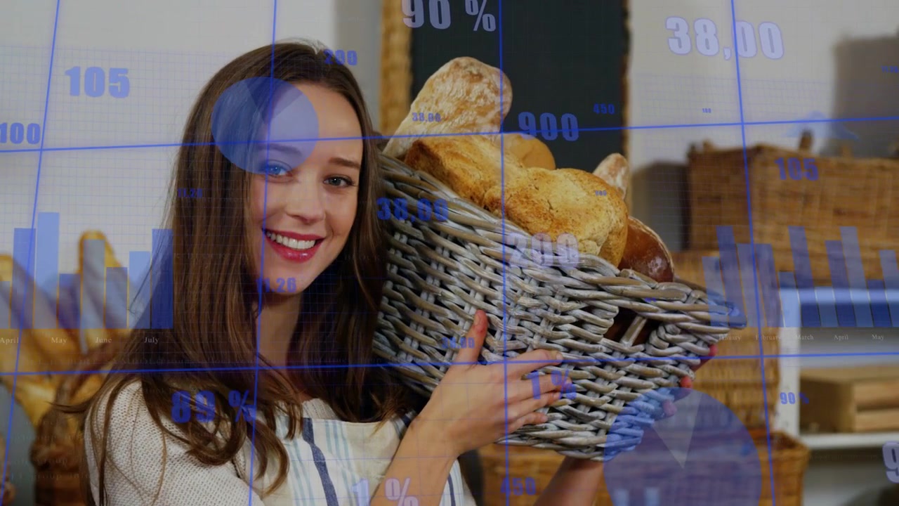 Mulher ajustando cesta de pão no momento certo na padaria, gráfico azul sobrepondo a cena para marketing