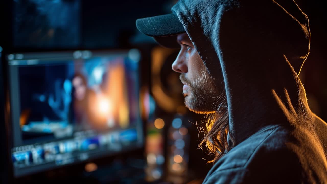 Uomo con felpa con cappuccio, concentrato sullo schermo di editing. Stanza buia, monitor luminoso, intensa concentrazione. Scatto ravvicinato, sfondo sfocato, calda luce soffusa. Montaggio creativo, dietro le quinte, lavoro cinematografico.