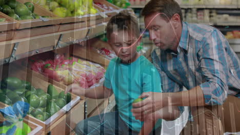 animación de procesamiento de datos financieros sobre hombre caucásico con niño compras de comestibles