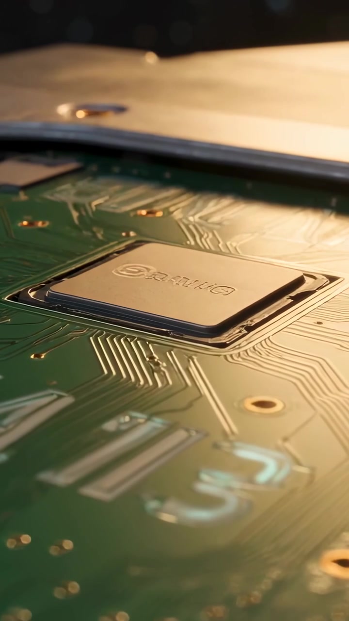 Vertical video: Holding CPU, fingertip lowering chip into PCB socket for repair, showing traces