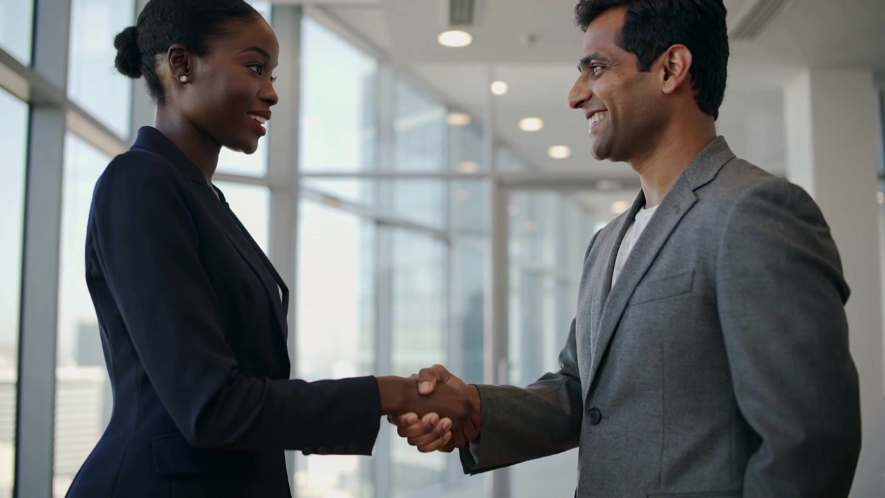 Greeting two colleagues shaking hands after meeting near glass in highrise office, navy grey suits