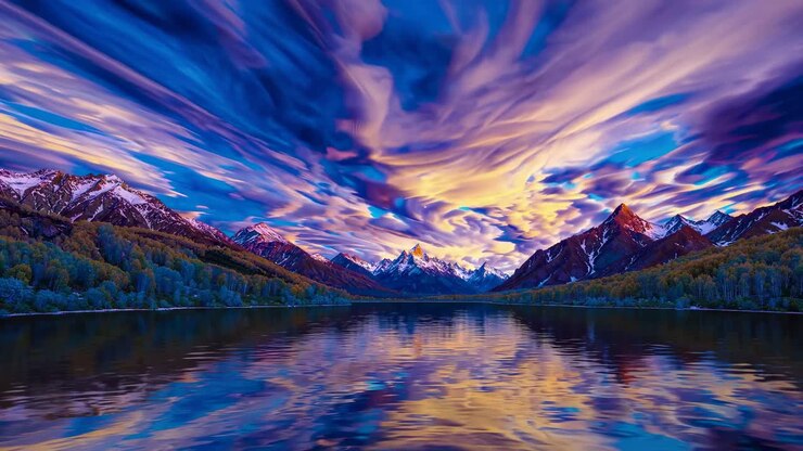 Tramonto montano colorato su un lago