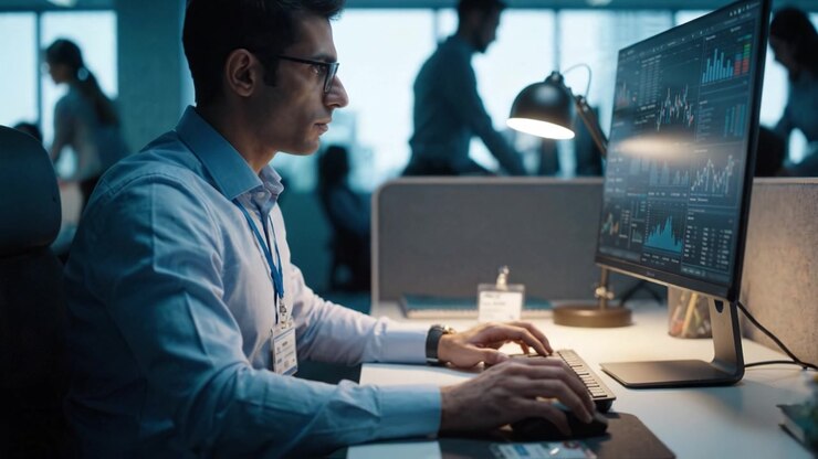 Fokuseret professionel udfører dataanalyse ved en moderne arbejdsstation, der viser komplekse grafer og målinger på en computerskærm i et dynamisk kontormiljø.