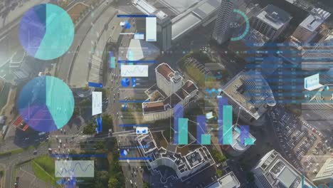 animation of statistics and data processing over cityscape