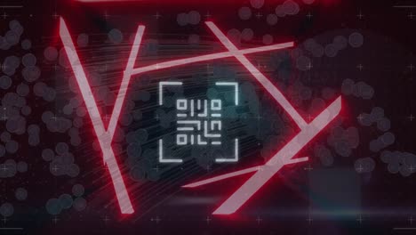 Animation of qr code with neon lines and data processing on black background