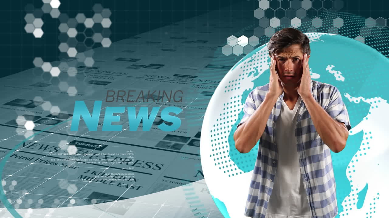 animação de homem caucasiano com dor de cabeça por quebrar novo, globo e hexágonos.