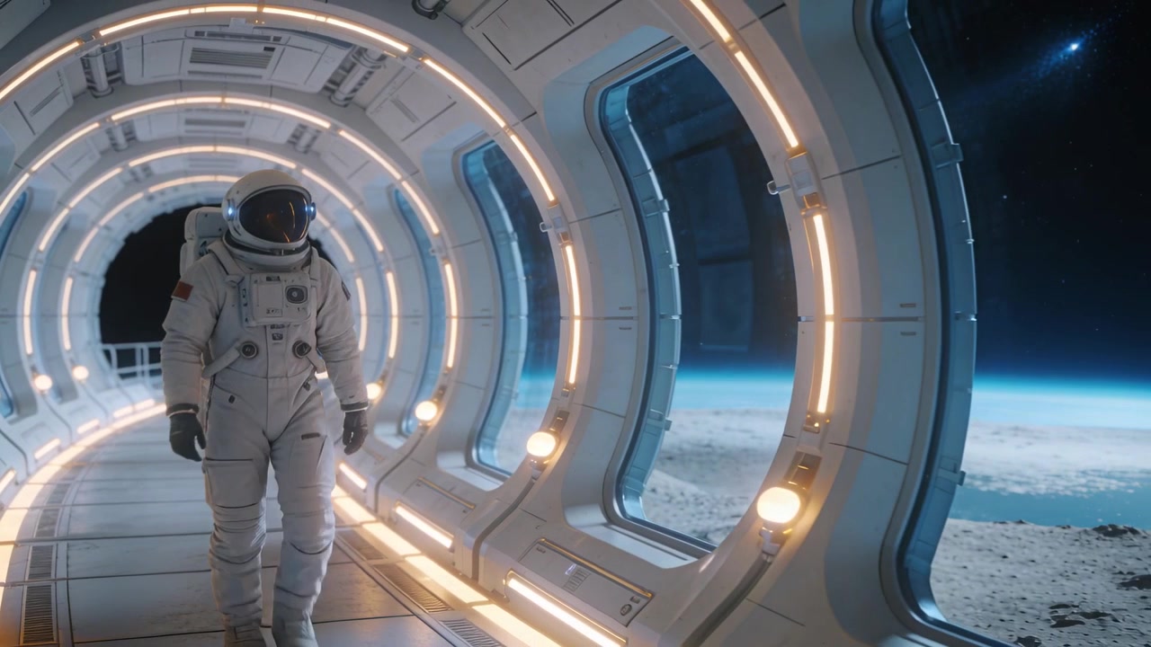 Astronauta che cammina in tuta bianca, allertato da un allarme, che si avvicina alle finestre del corridoio che mostrano la Terra.
