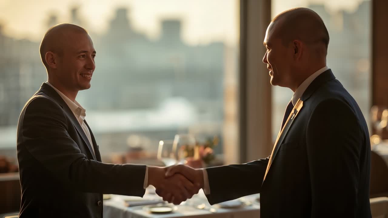 Reaching out two businessmen holding firm handshake at private dining room in suits, agreeing