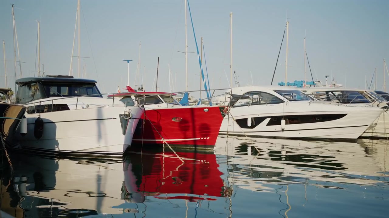 Yachts de luxe amarrés dans la marina de Cannes avec des reflets éclatants sur l'eau calme à l'heure dorée