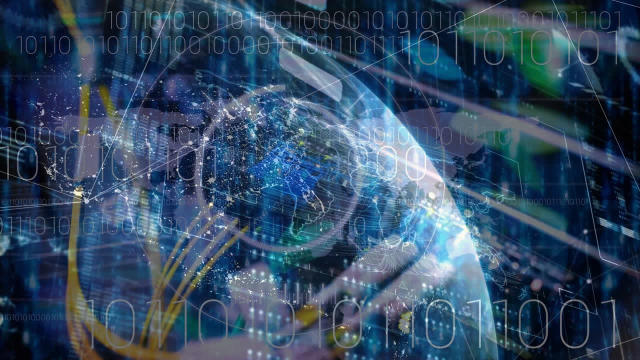 와이어로 데이터 연결과 컴퓨터 서버의 애니메이션