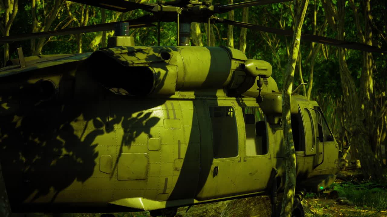 Helicopter rests among lush green trees in vibrant jungle environment