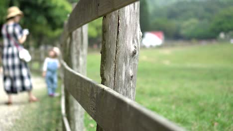 mom and daughter near wood fence at ranch.