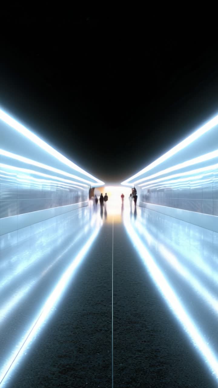 People Walk Through a Futuristic Corridor Bathed in Bright Light, Creating a Striking Visual Contrast Between Darkness and Radiance in a Modern Setting