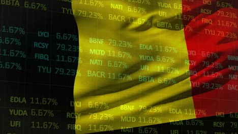 animation of financial data processing over flag of belgium