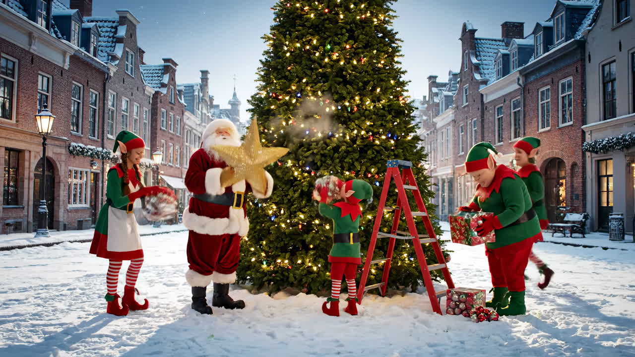 Santa and elves with tree. In a snowy town square, Santa and elves hang ornaments on a large Christmas tree under festive lights