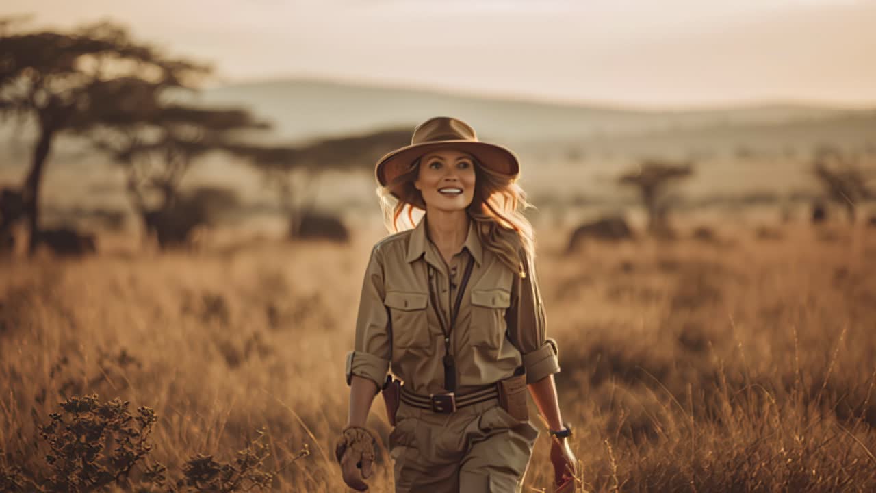 Guida safari donna sicura di sé in tenuta color kaki che cammina attraverso l'alta erba dorata della savana al tramonto, con alberi di acacia e sagome di fauna selvatica in lontananza che creano una scena di viaggio avventurosa.