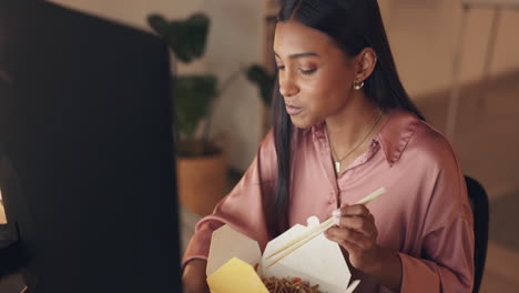 Night-business-woman-eating-fast-food-noodles