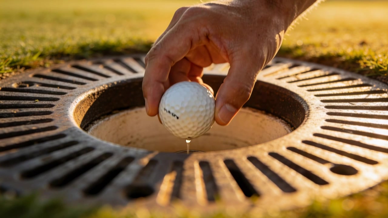 Mano destra nuda che afferra e solleva una pallina da golf dalla buca sul green per continuare il gioco.