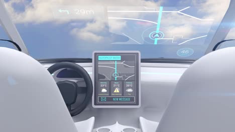 video game simulation screen showing car cockpit driving in the sky