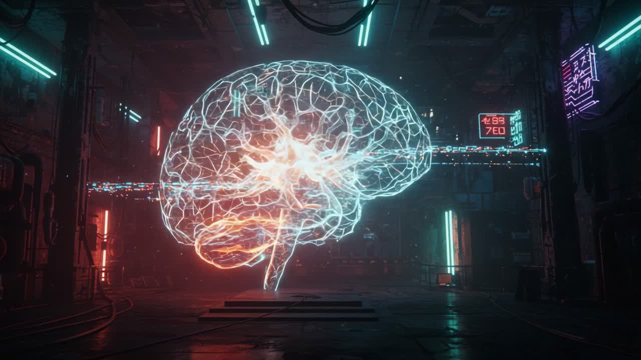 A Futuristic Visualization of a Neural Network: A Glowing Brain Representation in a High-Tech Environment with Neon Lights and Breathtaking Details