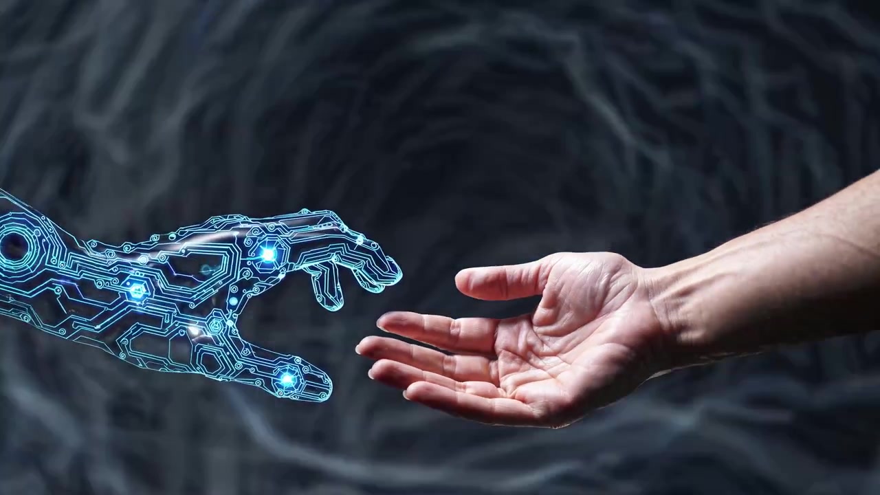 Human Hand Reaching Toward Digital Artificial Intelligence Robot Hand