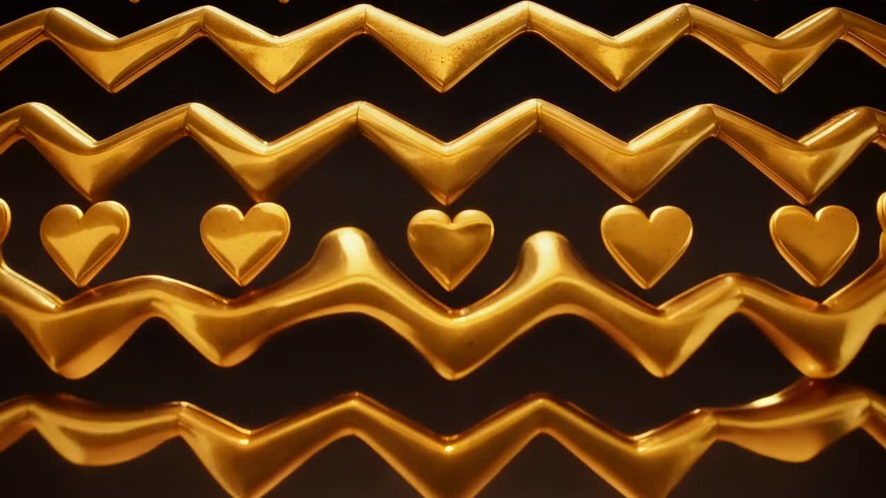 Cuore dorato che genera bande a zigzag, cuori impilati sul nero, pronti per essere mostrati con una calda luminescenza