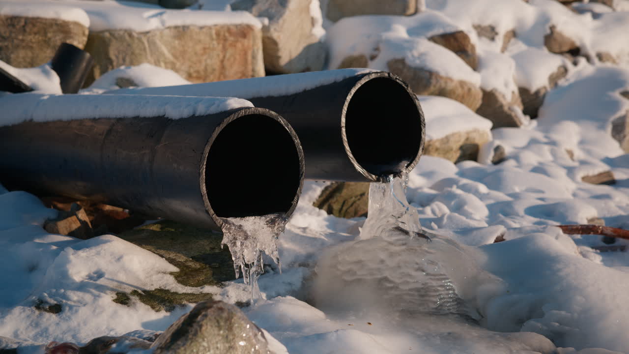 Statisk opptak av vann som er frosset i kloakken på en solrik vinterdag med snø rundt rørene