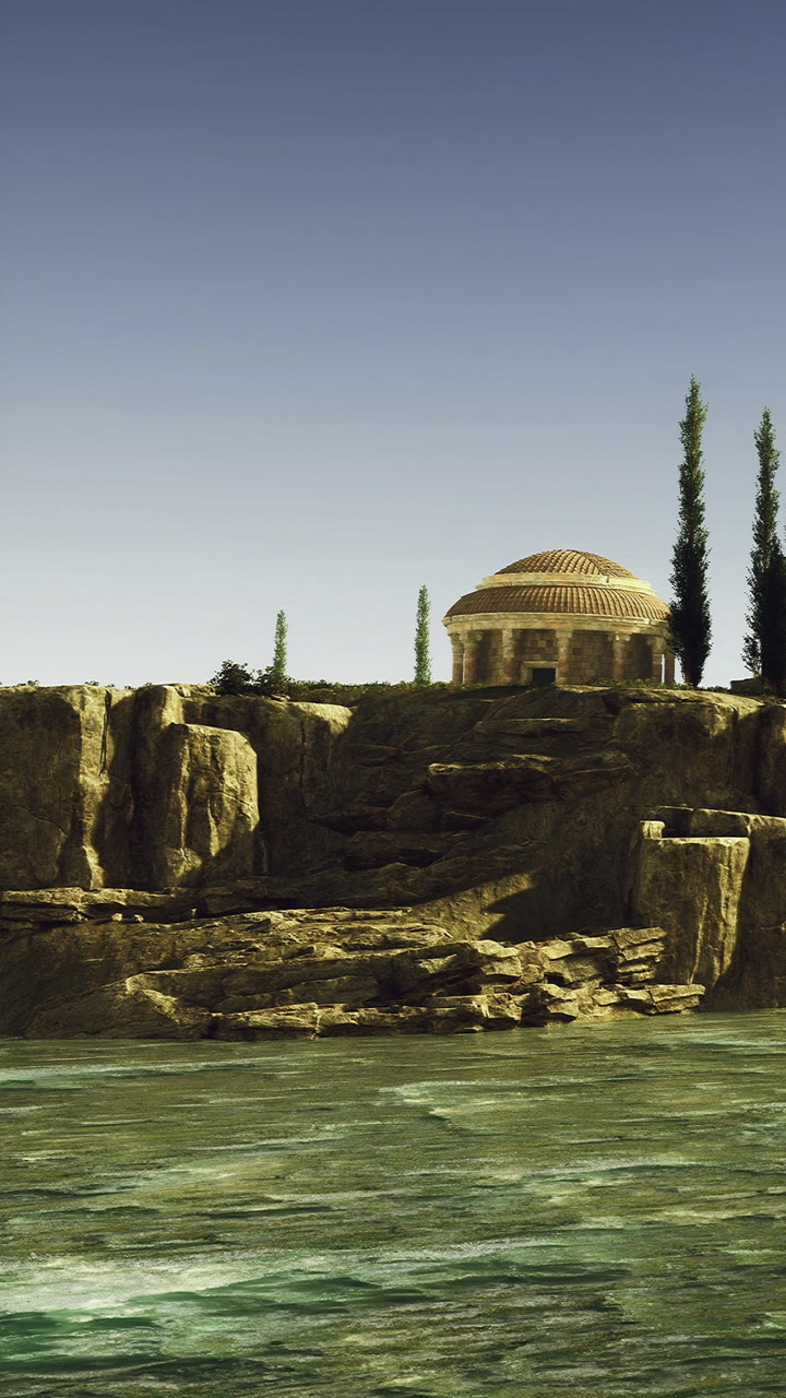 Majestic dome atop cliffs overlooking a serene lake under a clear sky