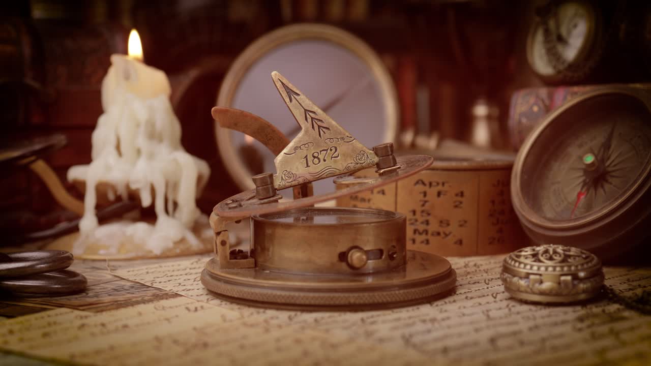 빈티지 구리 나침반과 태양 시계