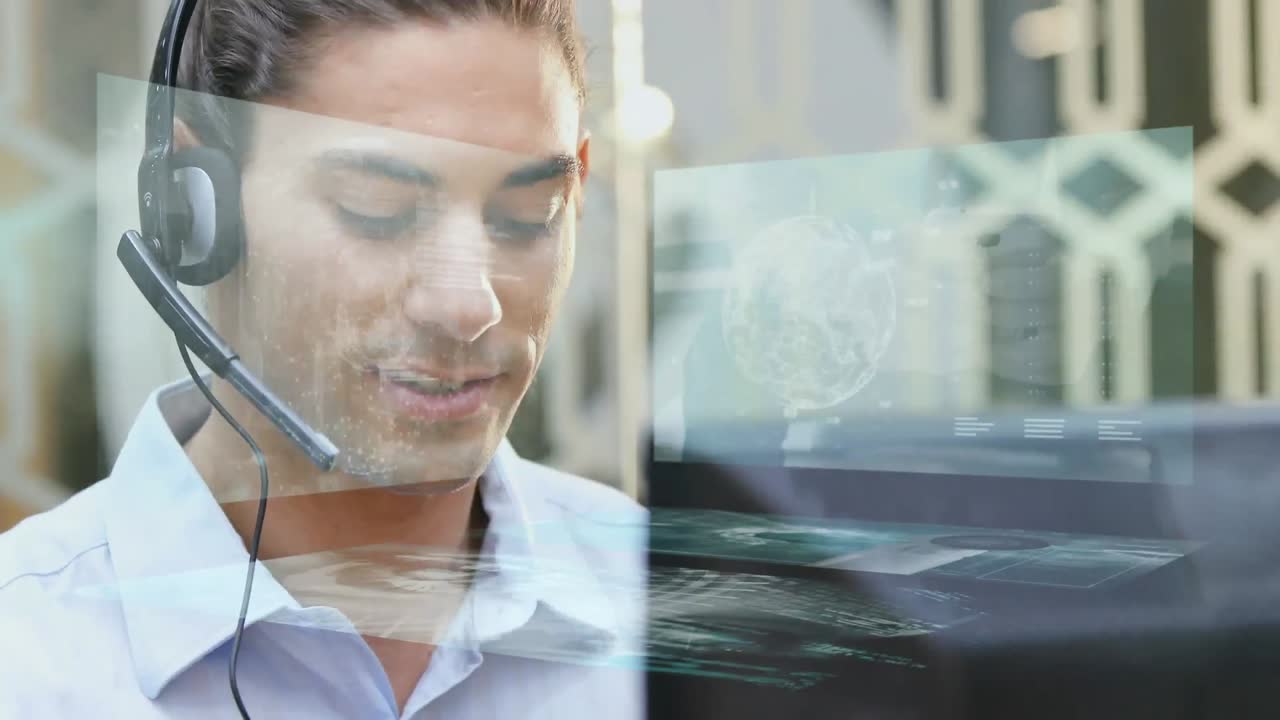 animación del procesamiento de datos sobre personas de negocios que usan auriculares telefónicos