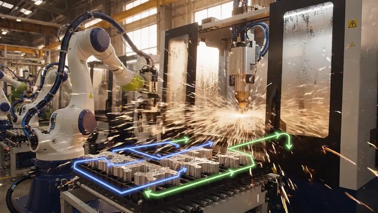 Automação de Fábrica Inteligente com Braço Robótico e Máquina CNC Usinando Peças Metálicas