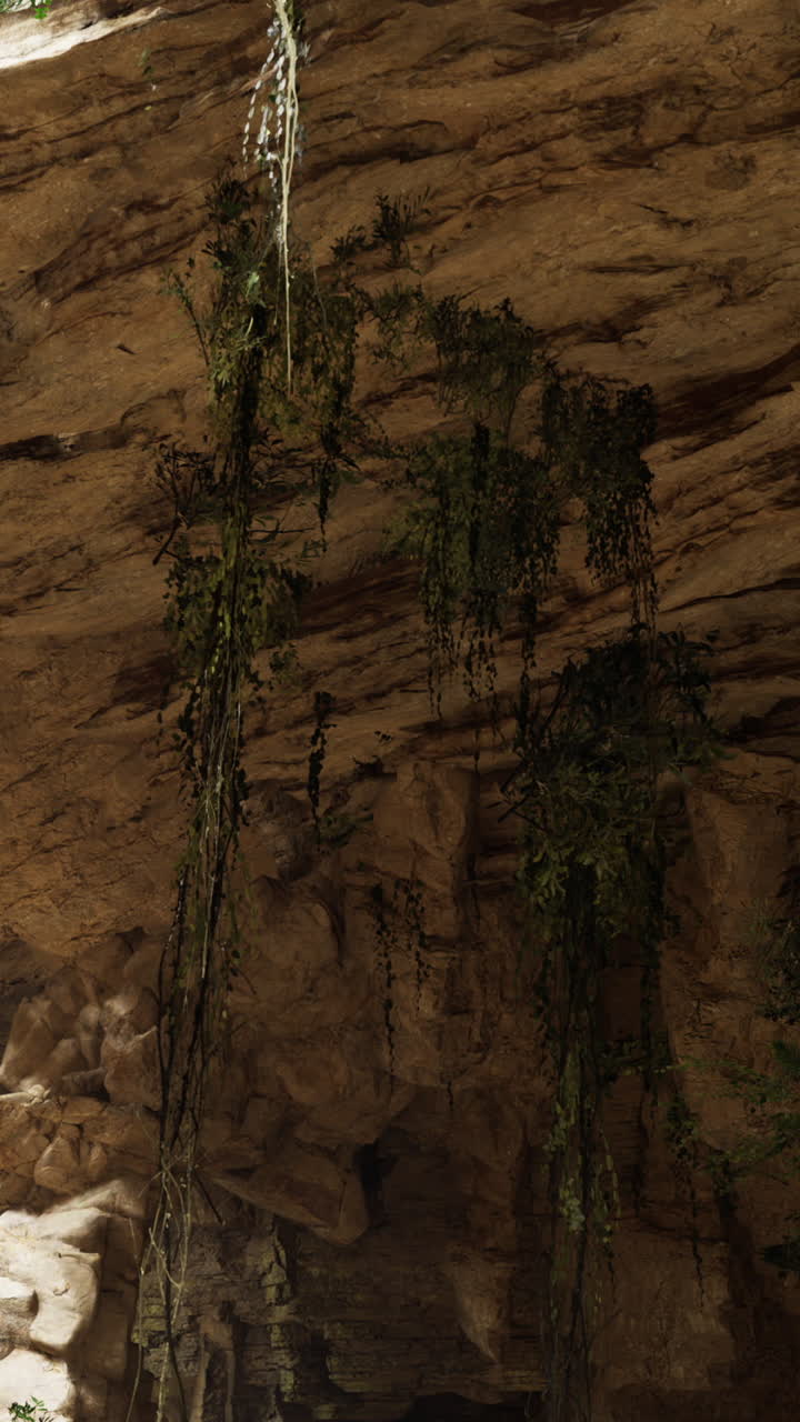 Natural cave formation with plant growth in a rocky environment