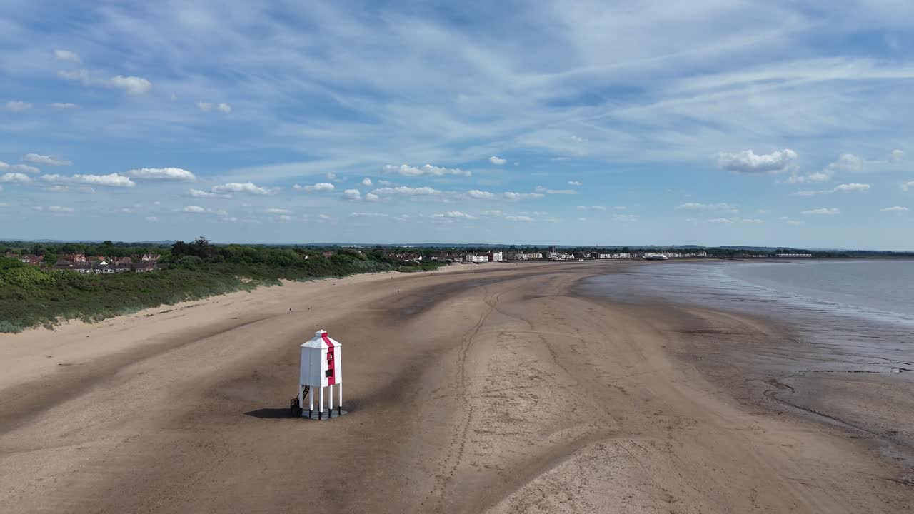 The Low historic Lighthouse Burnham-on-Sea Somerset UK drone aerial reverse